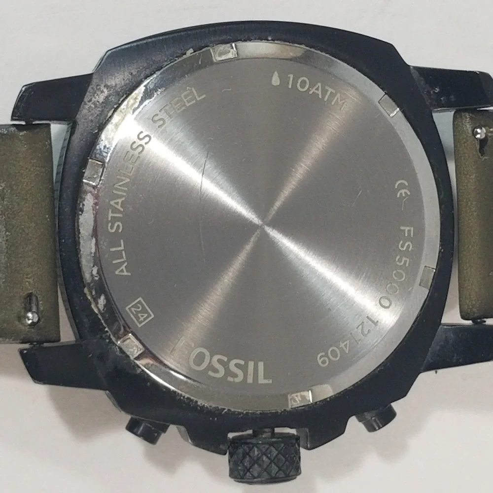 fossil machine chronograph watch Men's grey dial black case green leather FS5000